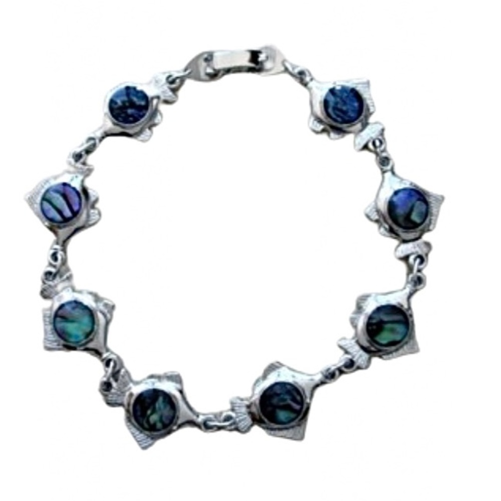 🆕 Blue Abalone Paua Shell Tropical Fish Charm Silver Tone Bracelet